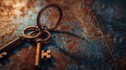 A close-up of vintage keys on a rustic, textured surface. 