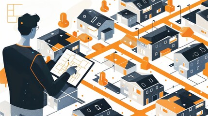 Obraz premium An architect reviews a neighborhood layout using a digital tablet. The illustration shows houses and streets in a stylized, modern design.