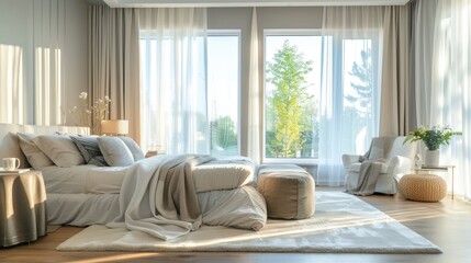 A bright and airy modern bedroom featuring elegant furniture, plush bedding, and large windows allowing natural light to flood the space