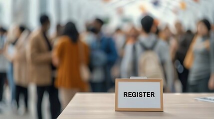 A registration sign on a table with a blurred crowd in the background, representing a busy event or conference setting.