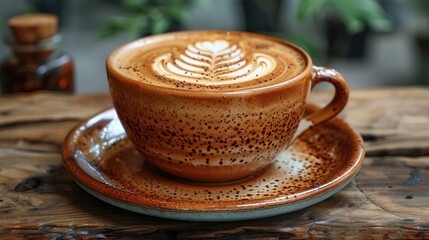 Close-Up of a Latte Art in a Brown Ceramic Mug on a Rustic Wooden Table