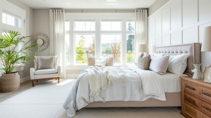 A bright and airy modern bedroom featuring elegant furniture, plush bedding, and large windows allowing natural light to flood the space