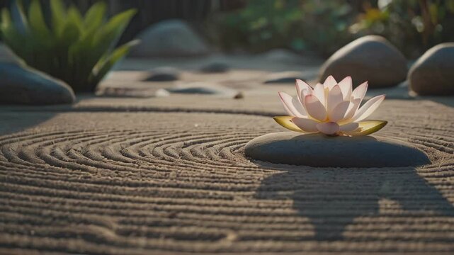A white lotus flower rests on a smooth grey rock in a zen garden spa setting. Circular patterns are raked into the sand surrounding the flower