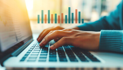 Hands typing on a laptop keyboard with a bar graph overlay. Concept of data analysis, business, and technology in a modern workplace.