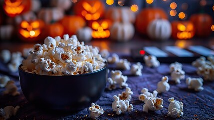 bowl of popcorn clapper board spooky halloween decorations on purple background horror movie night halloween party invitation card design