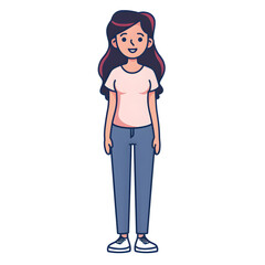 Fototapeta premium Cartoon woman smiling, full body standing, isolated on white background. Flat design, outline. Solid color. 