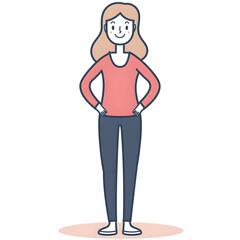Fototapeta premium Cartoon woman smiling, full body standing, isolated on white background. Flat design, outline. Solid color. 