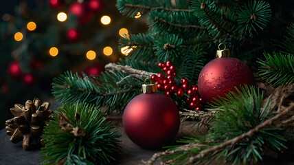 Christmas and new year holidays concept, red balls with tree branches