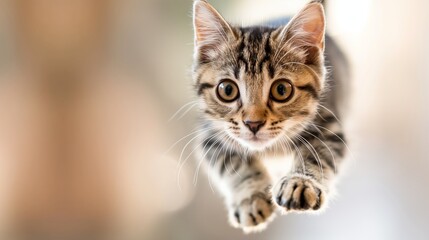 Obraz premium A cat is leaping into the air with its paws outstretched. The cat is looking up at the camera, and its fur is standing on end. Concept of playfulness and energy