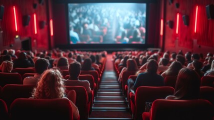 The cinema blank wide screen and people in red chairs in the cinema hall. Blurred People silhouettes watching movie performance.