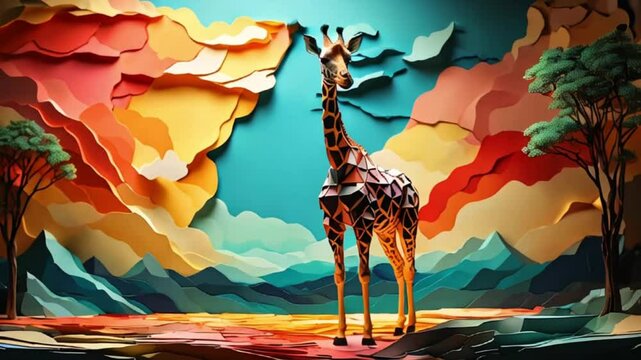 カラフルで大胆なキリンの切り絵 夕焼けの背景に映える映像