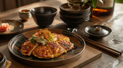 A plate of food with a variety of dishes and utensils on a wooden table