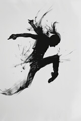 A black and white sketch of a dancer mid-leap