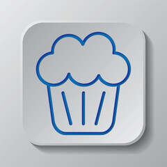 Cupcake simple icon vector. Flat design. Paper cut design. Cutted blue symbol with shadow. Gray badge button, gray background