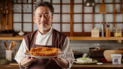 A man is holding a plate of food in a kitchen
