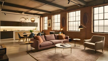 Fototapeta premium A modern living room interior design with a cohesive color scheme, contemporary furniture, and large windows to maximize natural light.