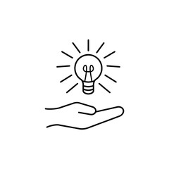 thin line hand holding lightbulb like expertise. linear trend modern simple lineart knowledge logotype stroke art design element isolated on white. concept of startup symbol or think outside the box