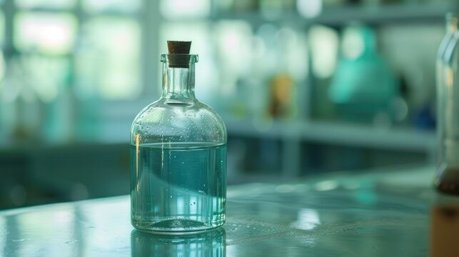 Dichloromethane liquid in glass bottle in chemistry lab with focus