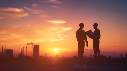 Fototapeta premium Architects reviewing blueprints at a construction site, with cranes in the background