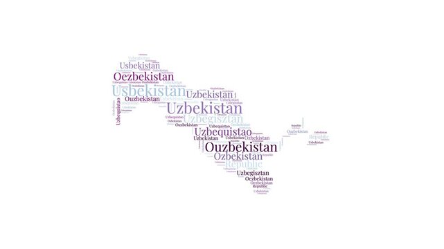Uzbekistan shape word cloud animation. Country boundary filled with country names animated. Uzbekistan presentation video.