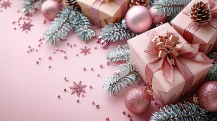 christmas composition elegant christmas decorations baubles gift boxes on pastel pink background flat lay top view overhead