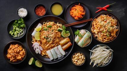 A table full of Asian food with chopsticks and bowls