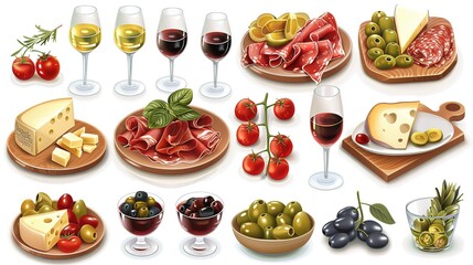 Beautiful Cheese platter with prosciutto crudo or jamon salami grapes and wine on wooden table