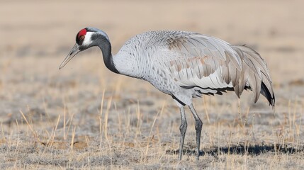 Fototapeta premium Majestic Crane Gliding Through Misty Wetland Waters