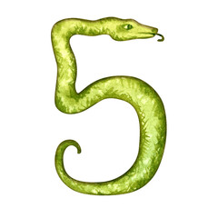 Number five in the form of a green snake as a symbol of Happy Chinese New Year 2025 according to the zodiac sign of the year of the Snake. Watercolor illustration for template of cards, congratulation