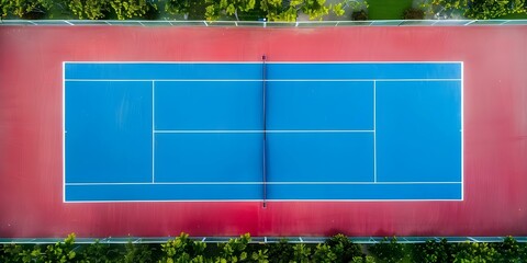 Obraz premium Bird's eye view of tennis court with blue and red surface in a park. Concept Tennis Court, Blue Surface, Red Surface, Park, Bird's Eye View