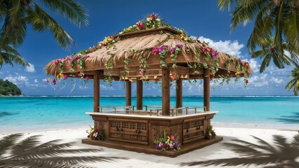A serene tropical beach scene featuring a wooden tiki bar adorned with flowers and greenery, under a clear blue sky with turquoise ocean waters in the background, surrounded by palm trees.