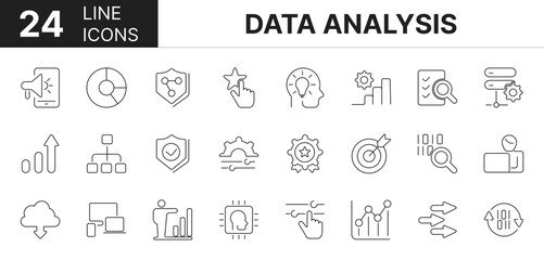 Collection of 24 data analysis line icons featuring editable strokes. These outline icons depict various modes of data analysis, collection, bundle, pack, mobile app, web, website, simple, 