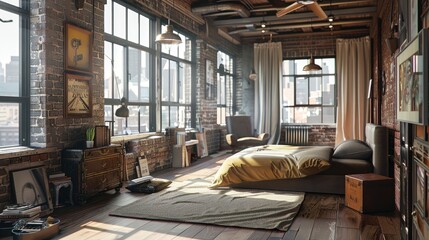 A chic industrial-style loft bedroom with exposed brick walls, metal accents, and an integrated living room