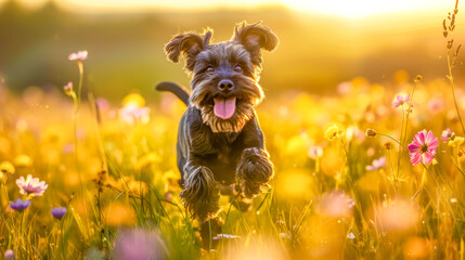 Happy dog running through field of flowers at sunset