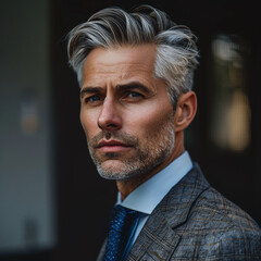 Fototapeta premium A portrait of a successful businessman in thought, wearing an expensive, tasteful suit and tie with grey hair, a chiseled jaw with a trimmed beard and a pensive look on his face. Aged mid 40s. 
