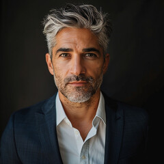 A high-contrast shot of a business professional in his 50s with greying hair, wearing a suit and white collar button up shirt standing in front of a plain black background