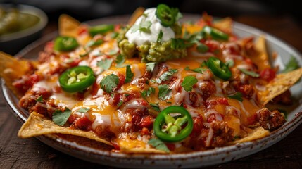 A plate of loaded nachos with melted cheese, jalape�os, sour cream, and guacamole, garnished with fresh cilantro.