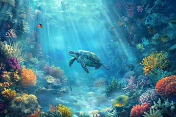 Sea Turtle Swimming Through Coral Reef.