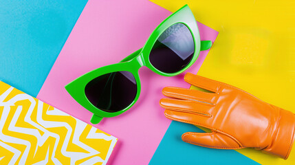 flat lay of iconic 1980s fashion accessories like oversized sunglasses and fingerless gloves, colorful background, nostalgia