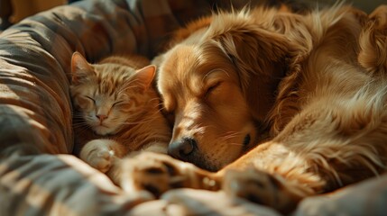 A close-up of a cute cat and a golden retriever dog chilling and sleeping together on a dog bed, soft lighting, fluffy textures