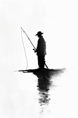 A black and white sketch of a fisherman