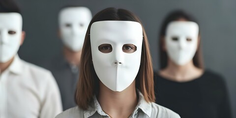 People hiding true emotions and identities behind social masks and fake positivity. Concept Identity Crisis, Social Masks, Emotional Suppression, Authenticity, Inner Conflict