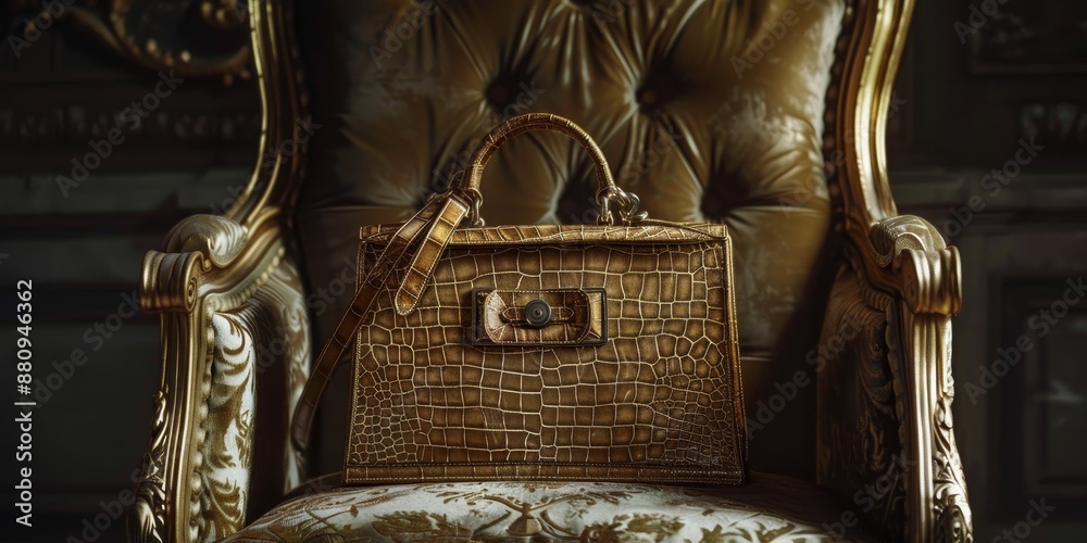 Poster luxury handbag on a designer chair, with soft shadows and highlights enhancing the texture and craft