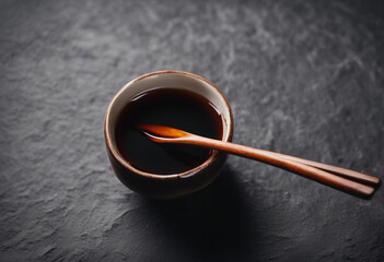 soy sauce in a traditional japanese soy sauce dispenser on a black slate, ad shot
