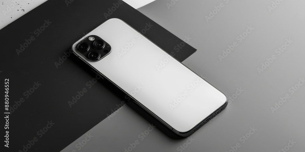 Poster Minimalist smartphone displayed on a monochromatic background, focusing on the sleek design and innovative features through clean product photography