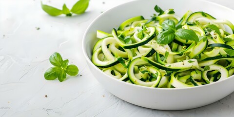 Obraz premium Herb and Spice Zucchini Noodles in a White Dish. Concept Zucchini Noodles Recipes, Herb and Spice Dishes, Healthy Eating, Vegetarian Meals, Summer Recipes