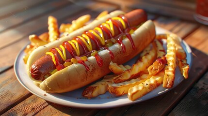 A classic hot dog with mustard, ketchup, and relish, served in a soft bun, with a side of crinkle-cut fries on a picnic table.