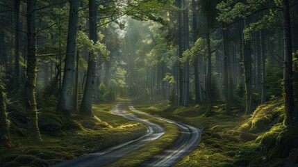 Obraz premium The road winds through the forest between towering trees