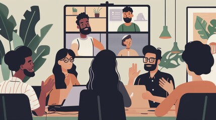 Diverse Team Engaged in Virtual Meeting with Interactive Learning Elements