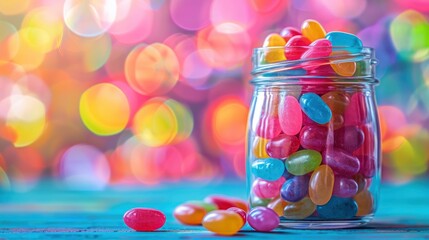 An assortment of colorful jelly beans in a glass jar, placed on a bright, cheerful background.